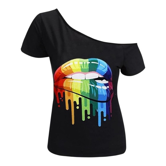 MAGICMK Rainbow Lips Off-Shoulder Graphic Tee NWOT - Picture 5 of 6